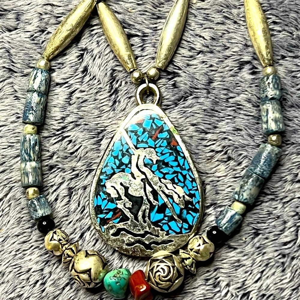 End of the Trail Turquoise Mosaic Inlay Pendant Necklace